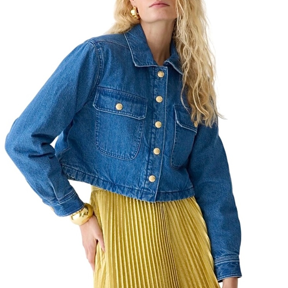 J Crew Blue Denim Quilted Lined Cropped Jean Jacket Gold Embossed Buttons XS SM